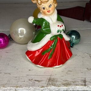 Vintage Lefton Christmas HOLLY MUFF GIRL Figurine #724 Japan Porcelain 1950's